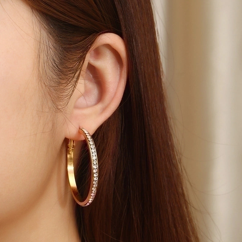 1 Pair Bridal Shiny Solid Color Plating Inlay Stainless Steel Artificial Diamond 18K Gold Plated Hoop Earrings