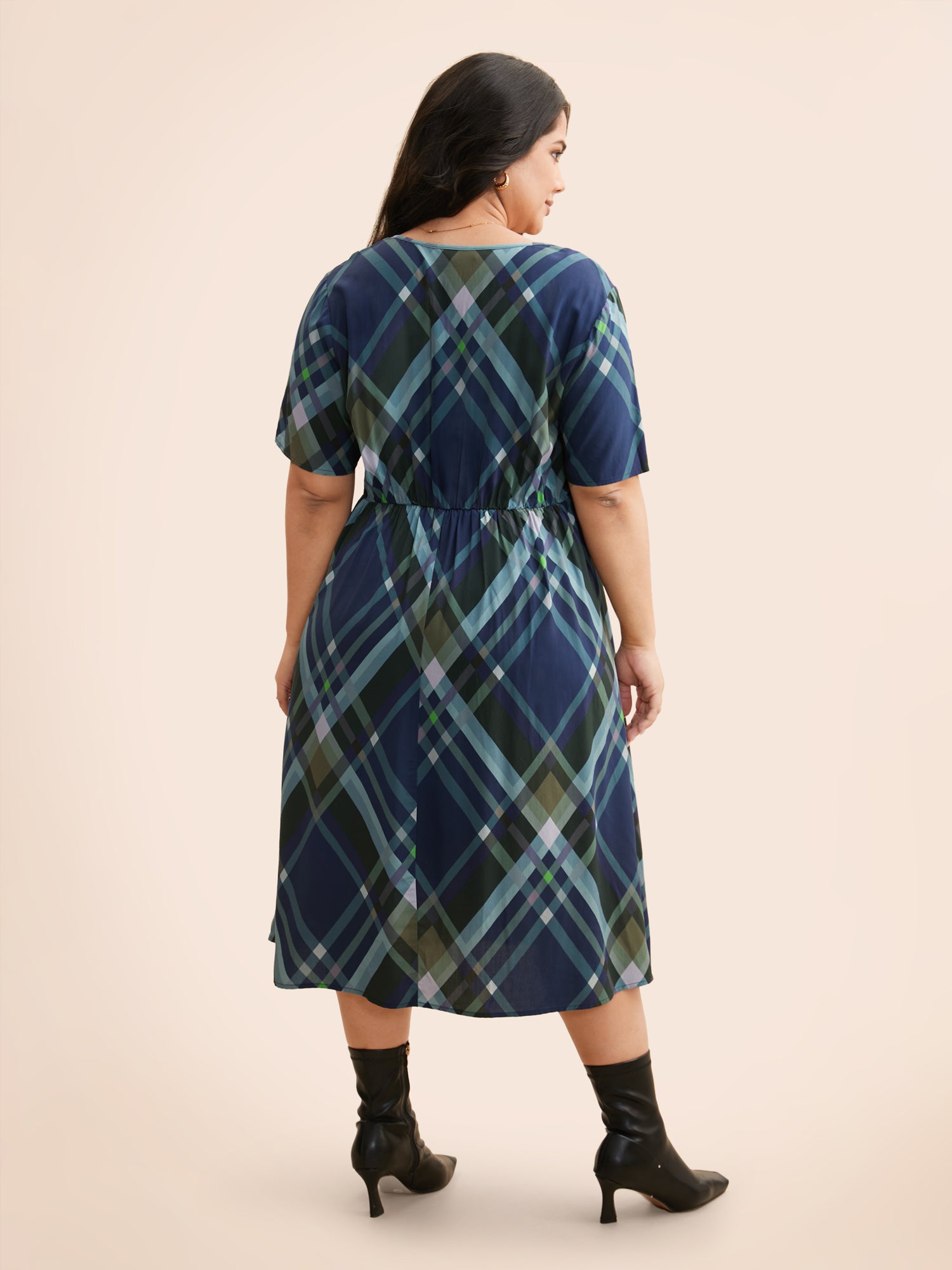 V Neck Plaid Ruffle Sleeve Dress