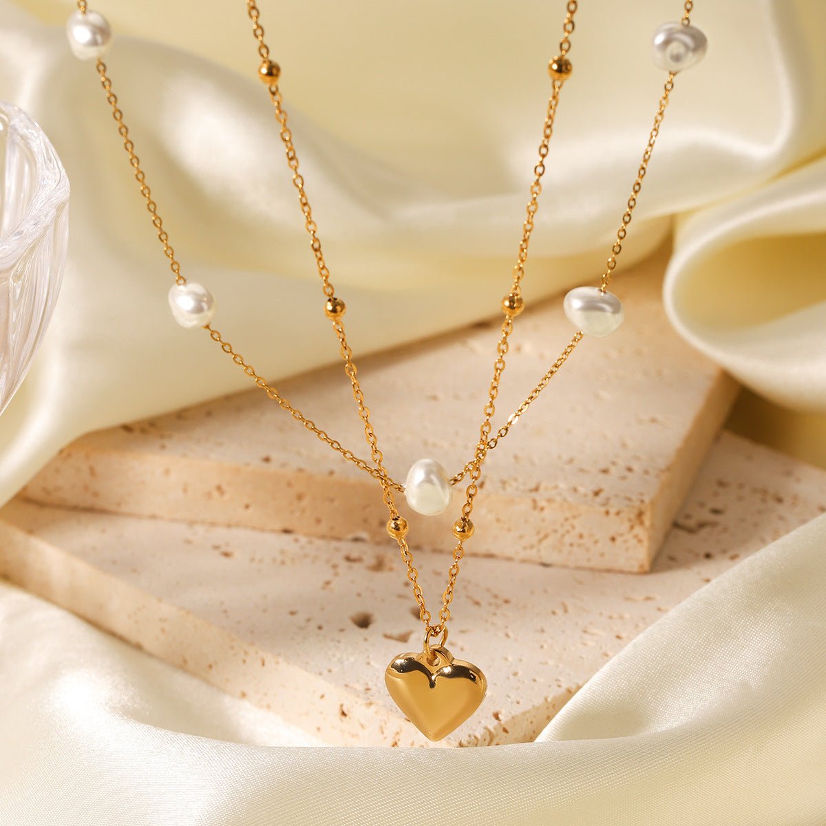 Stainless Steel Love Pendant Double Layer Pearl Necklace Female Clavicle Chain Titanium Steel Necklace