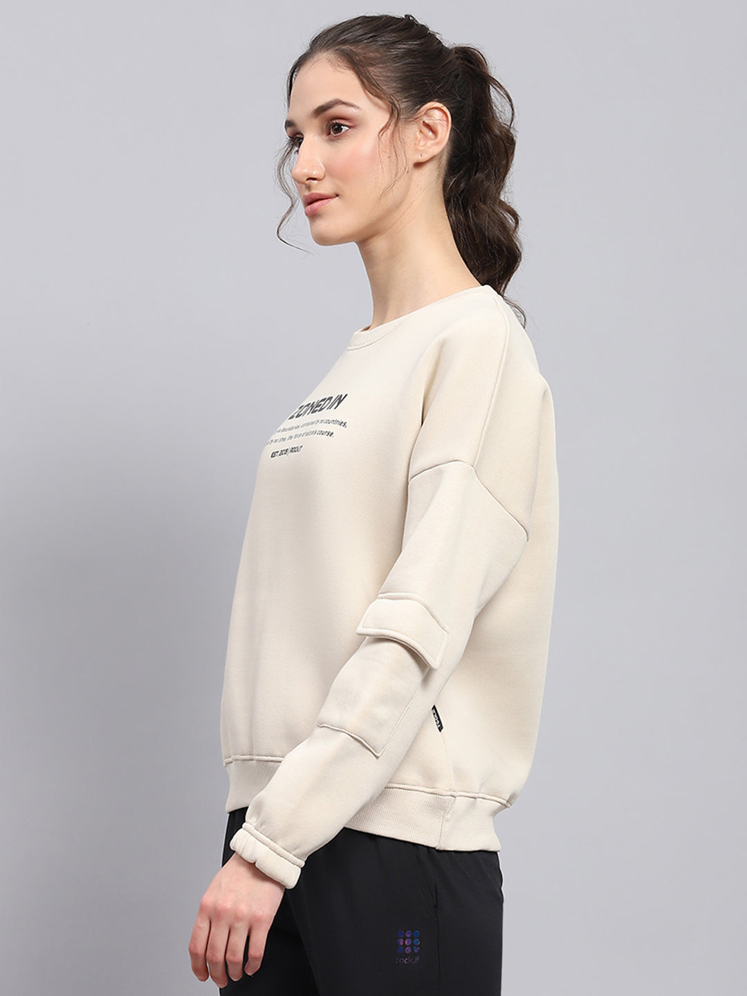 Women Beige Printed Round Neck Full Sleeve Sweatshirt