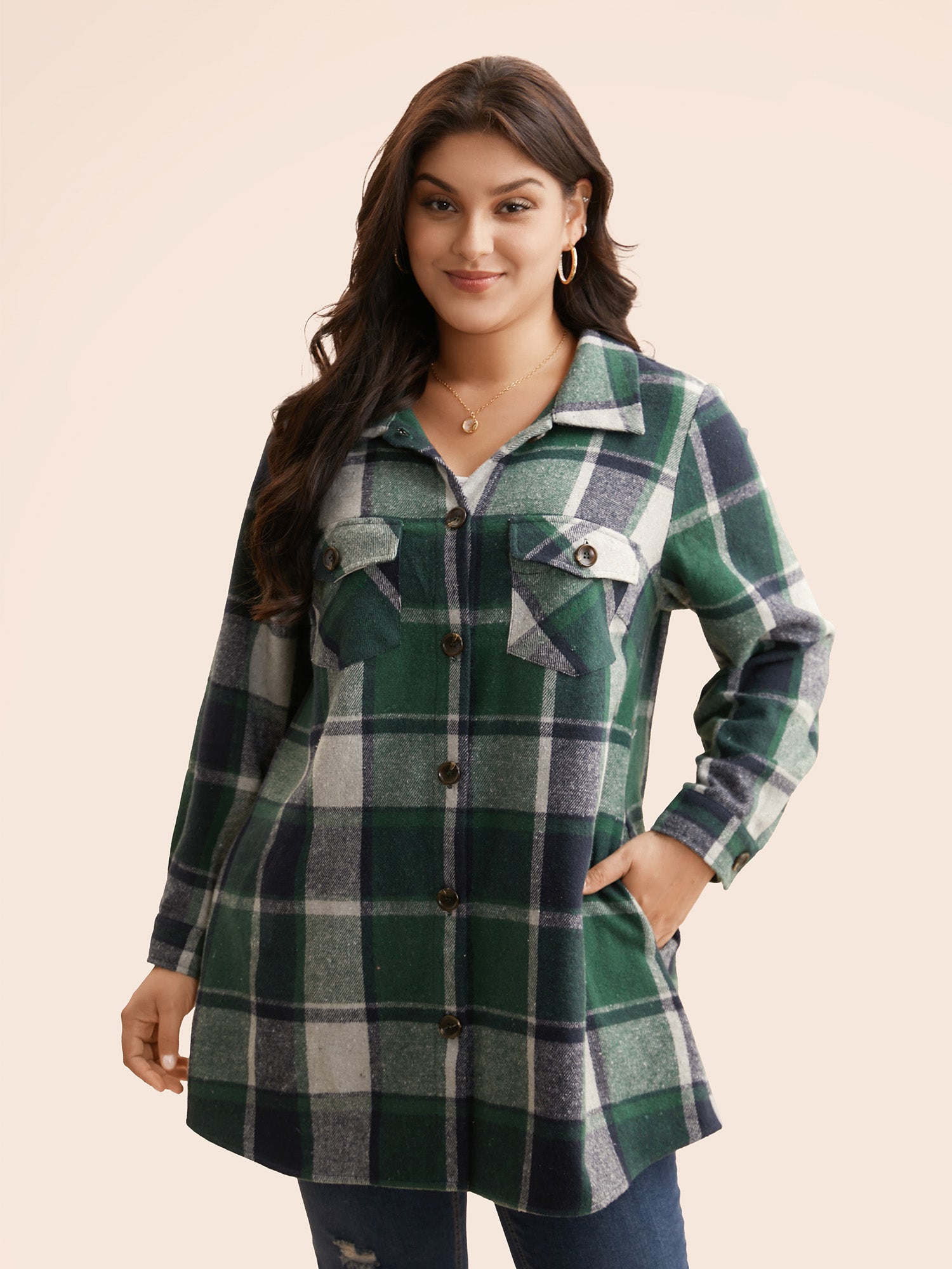 Plaid Chest Pockets Long Jacket