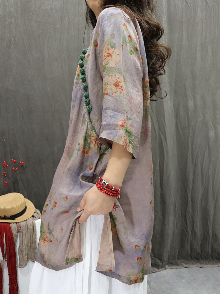 Women Summer Artsy V-Neck Flower 100%Ramie Shirt
