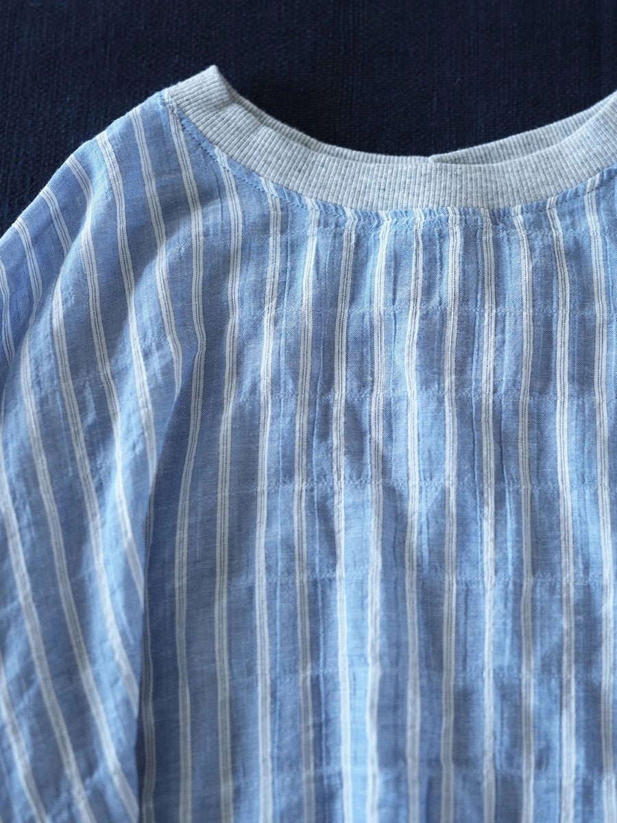 Women Summer Casual Stripe O-Neck Cotton Shirt