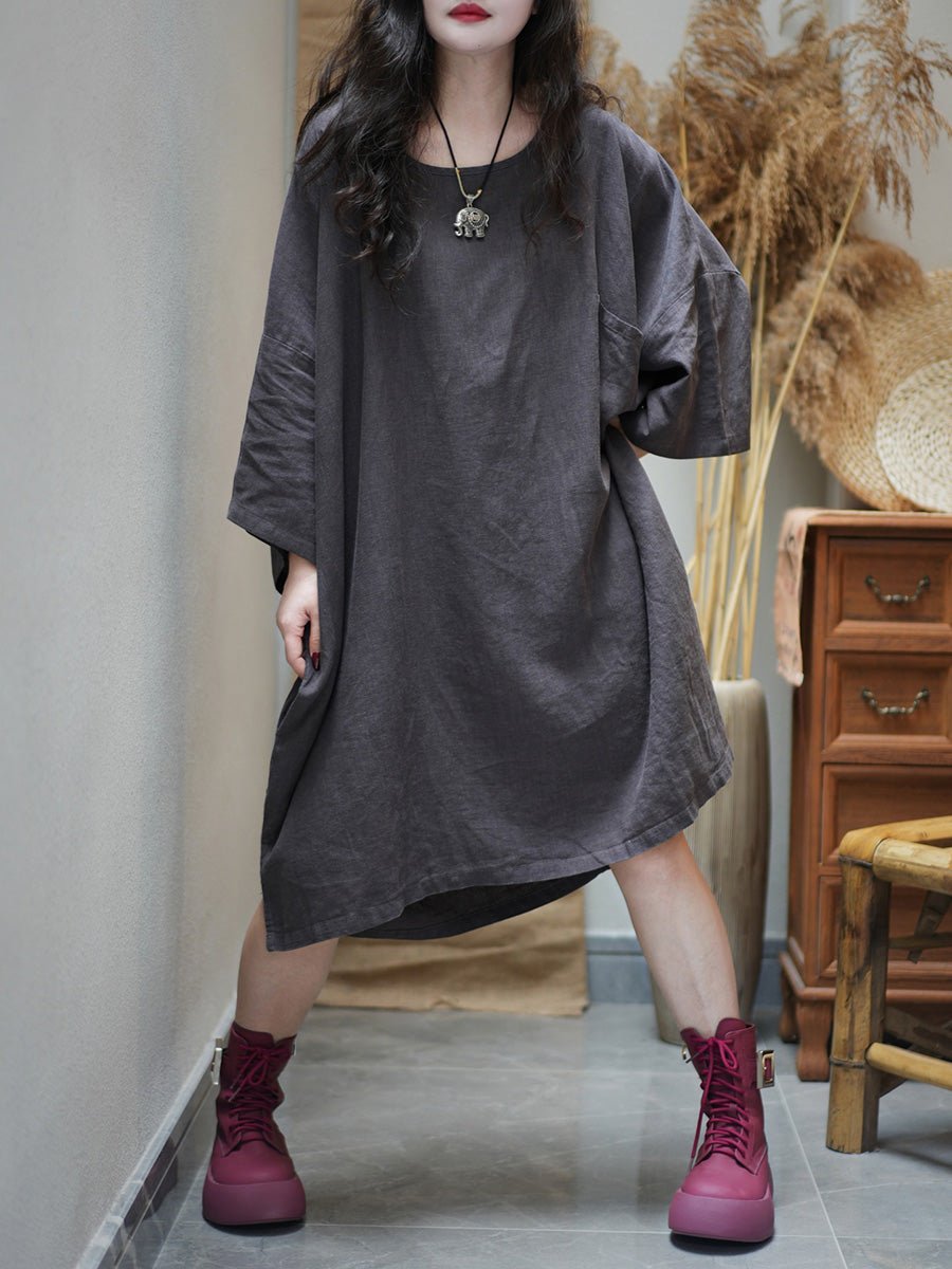 Women Summer Retro Pure Color O-Neck Cotton Dress