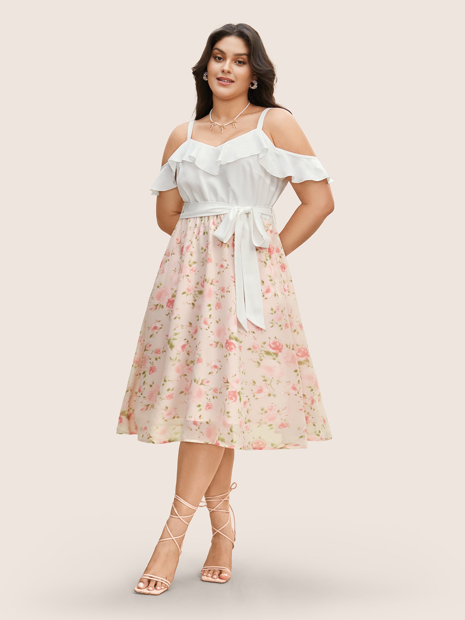 Chiffon Floral Patchwork Ruffle Trim Midi Dress