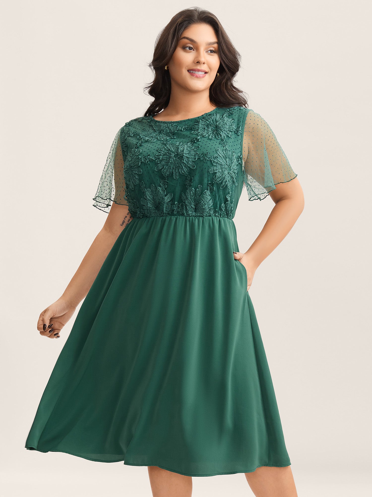 Floral Textured Sheer Pockets Midi Dress