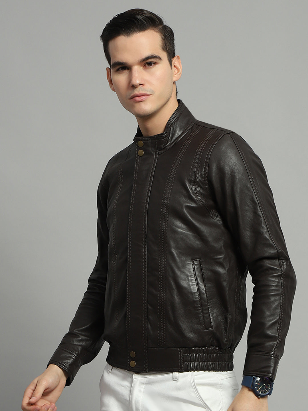 Men Brown Solid Mock Neck Full Sleeve Jacket