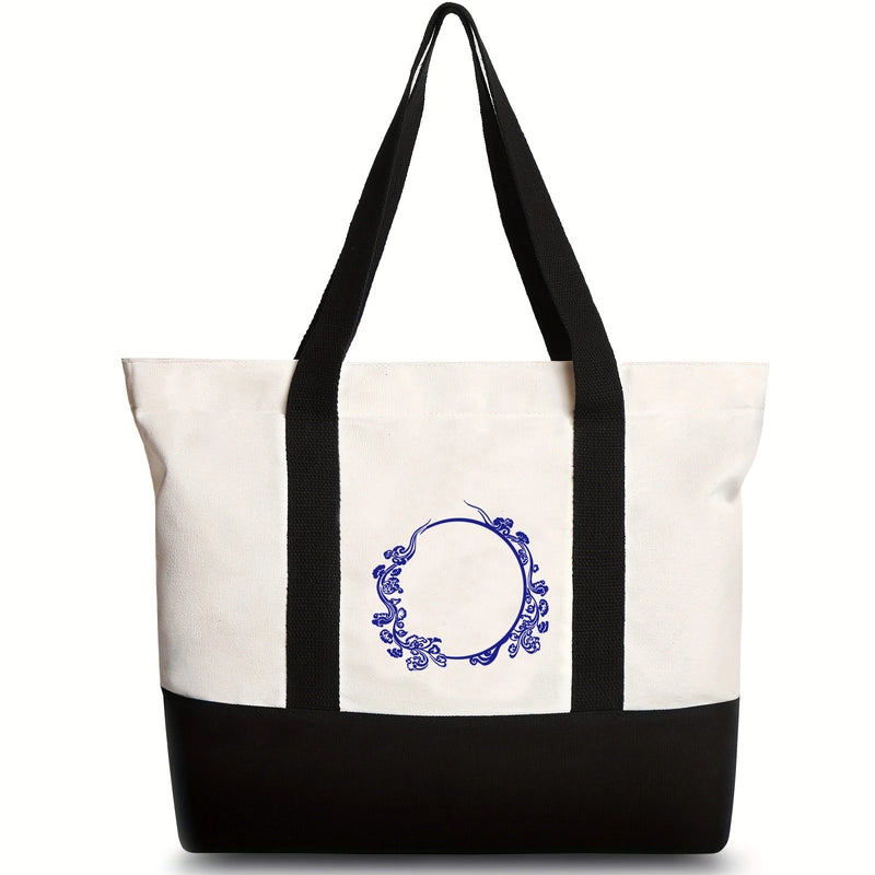 Women's Medium Canvas Letter Flower Classic Style Square Zipper Shoulder Bag
