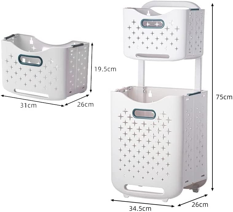Laundry Baskets on Wheels. Laundry Trolley. Laundry Collector with 2 Layers. 2 Storage Baskets. Laundry Sorter for Bedroom