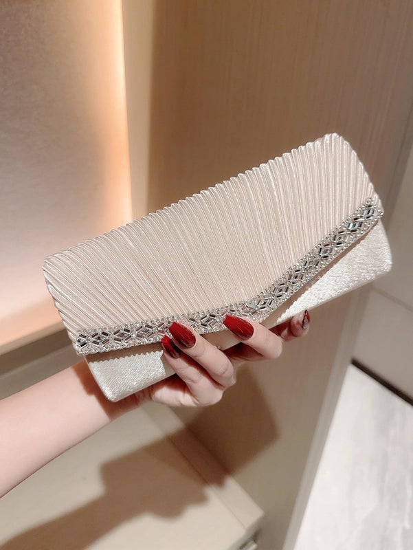 New Evening Bag Fashionable Pleated Clutch With Rhinestone Velvet Simple Dinner Crossbody Women's Bag