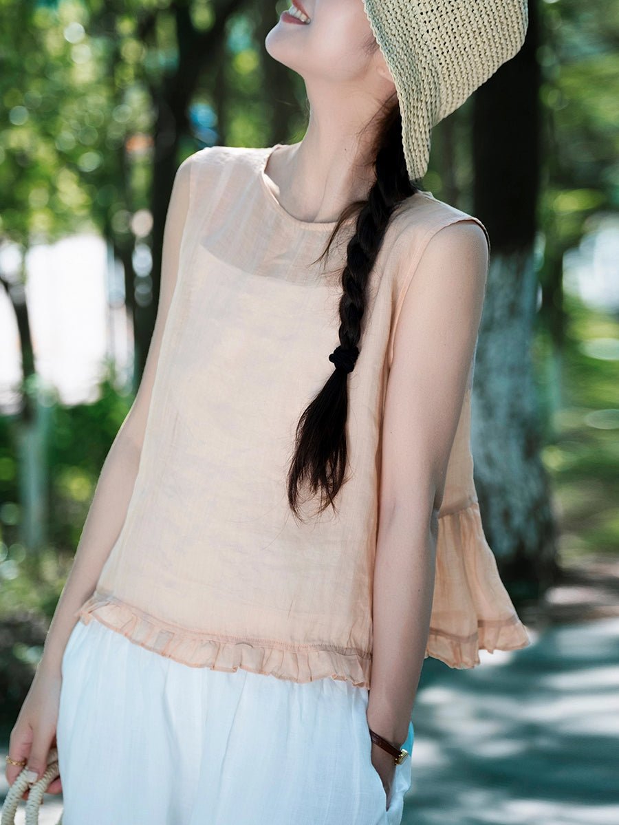 Women Summer Artsy Pure Color O-Neck 100%Ramie Vest