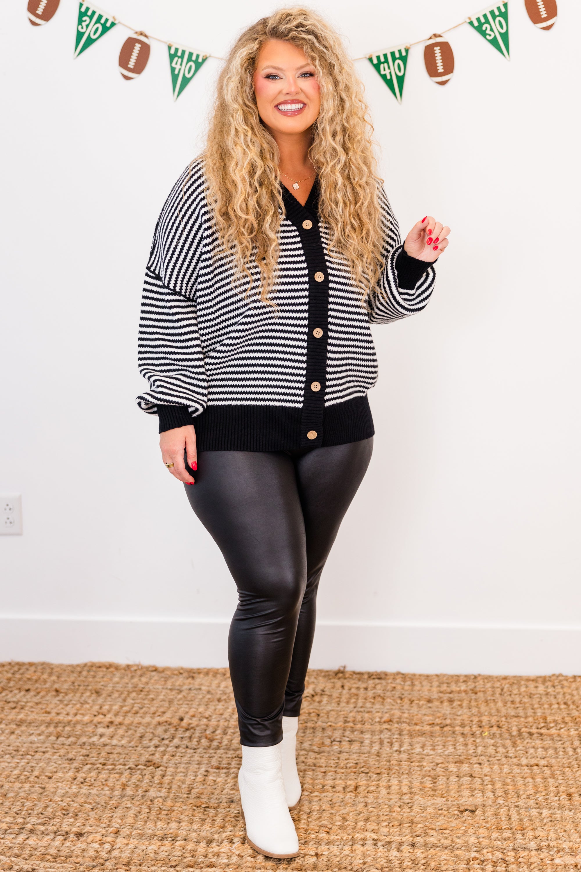Snuggly Stripe Button-Up Sweater. Black-Ivory