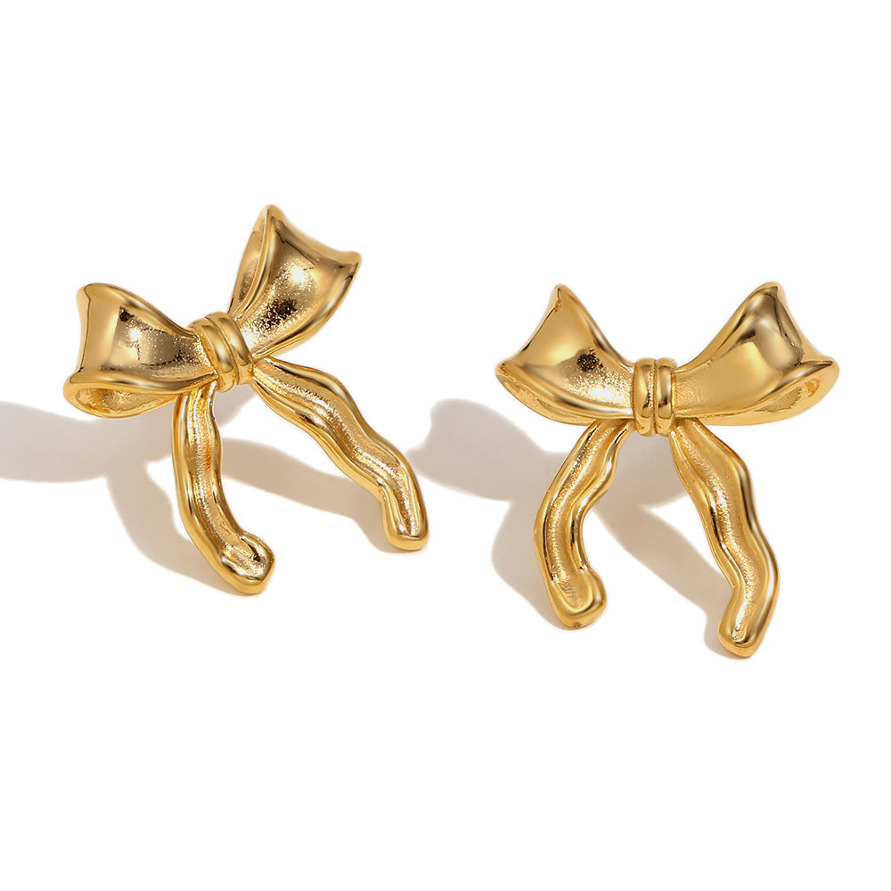 Fashion Personality Niche Design Earrings Stainless Steel 18K Gold Plated Oval Bow Earrings For Women