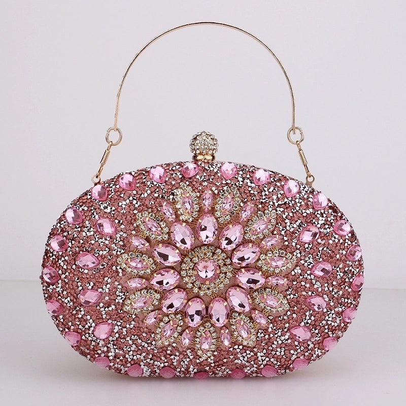 Red Green Blue Pu Leather Polyester Flower Rhinestone Oval Evening Bags