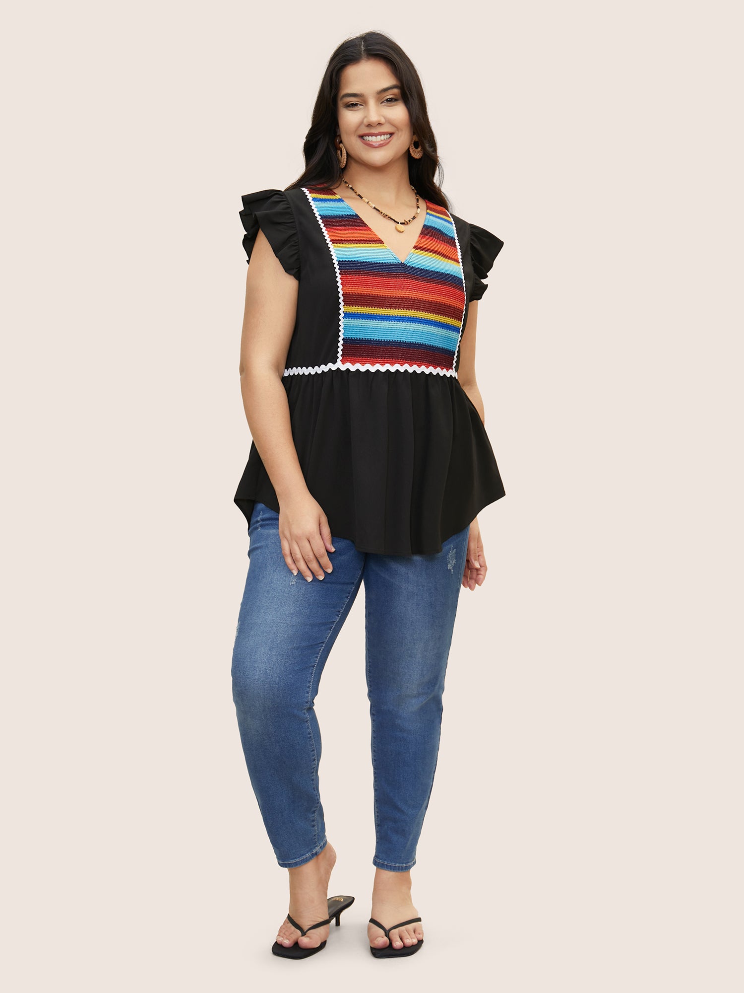 Contrast Webbing Ruffle Cap Sleeve Blouse