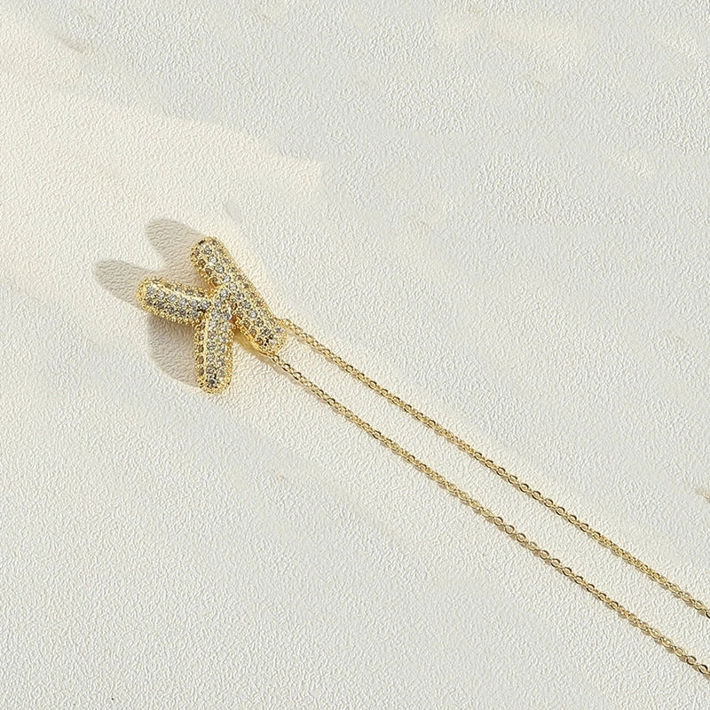 Copper 14K Gold Plated Minimalist Inlay Letter Zircon Pendant Necklace