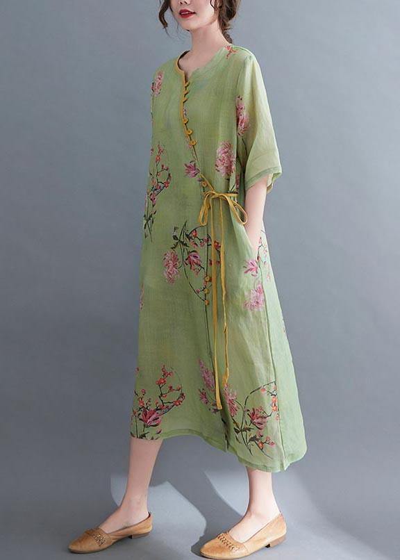 Loose Green Print Button Maxi Summer Chiffon Dress