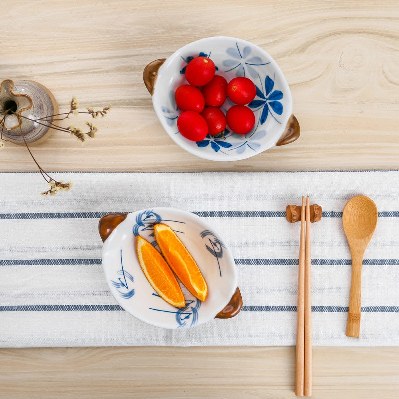 Tableware Ceramic Double Ear Bowl Dipping Snack Bowl Salad Bowl Fruit Plate Household Small Bowl With Handle Seasoning Bowl Dish Anti-scald