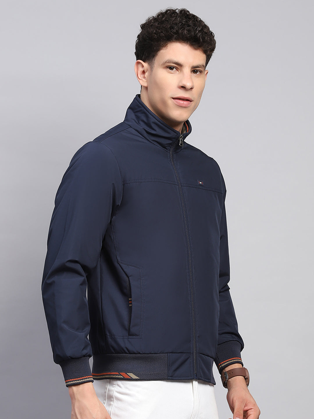 Men Navy Blue Solid Mock Neck Full Sleeve Jacket