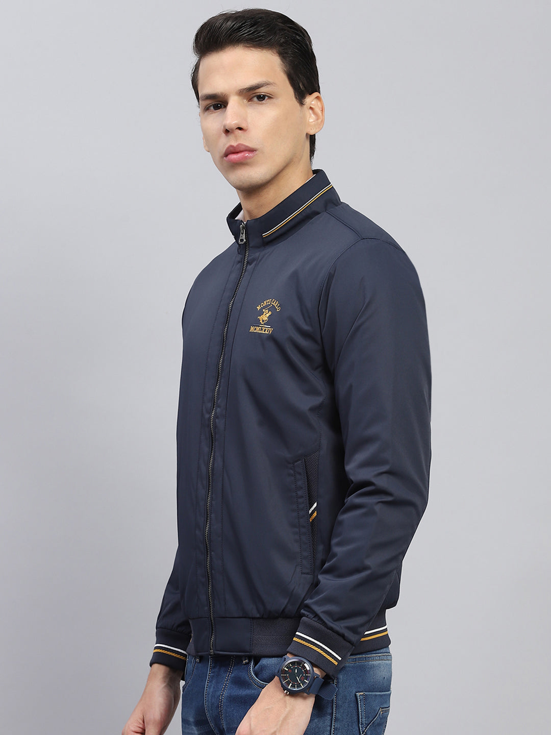 Men Navy Blue Solid Mock Neck Full Sleeve Jacket