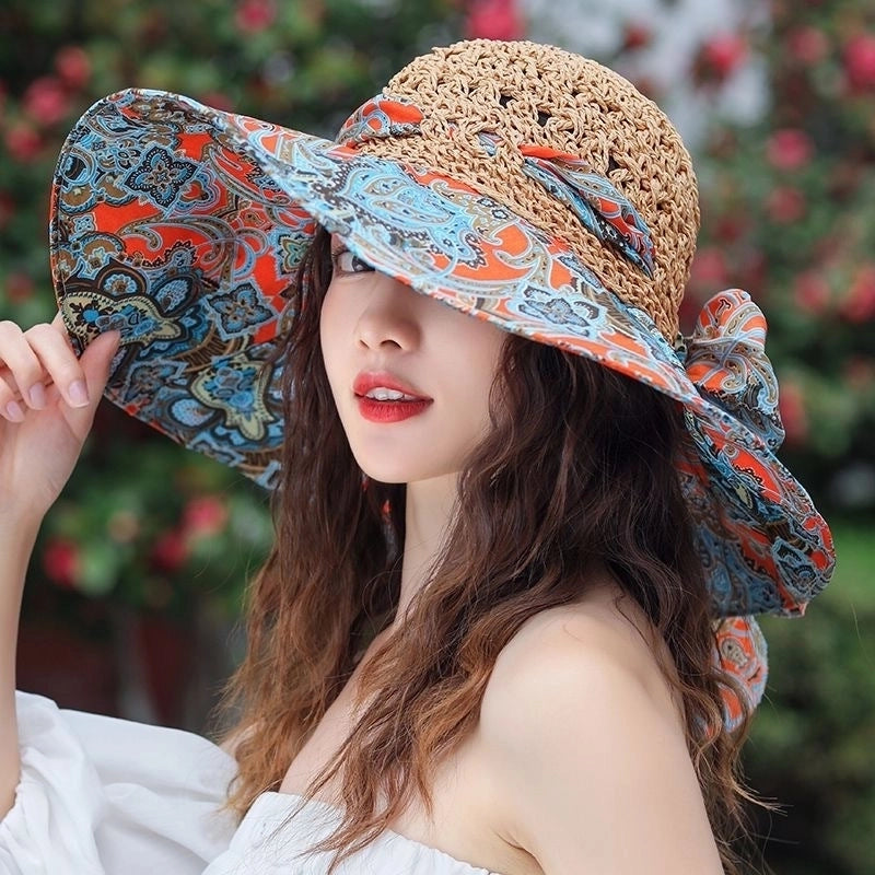 Women's Minimalist Color Block Printing Big Eaves Sun Hat
