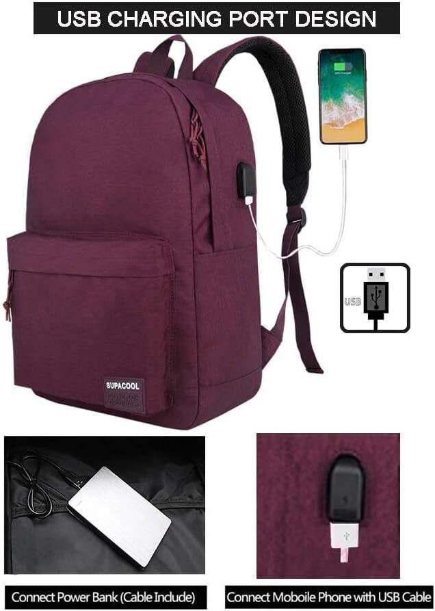 SUPACOOL Casual Laptop Backpack for Men and Women, School Backpack for Boys and Girls, College Bookbag, USB Charging Port, Lightweight Back Pack(Black)