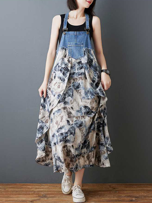 Loose Plus Size Flower Print Pockets Split-Joint Spaghetti-Neck Maxi Dresses Suspender Dress
