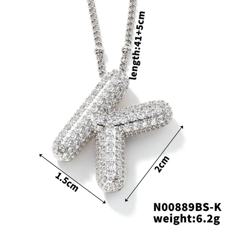 304 Stainless Steel Copper Rhodium Plated Three-dimensional Inlay Letter Zircon Pendant Necklace