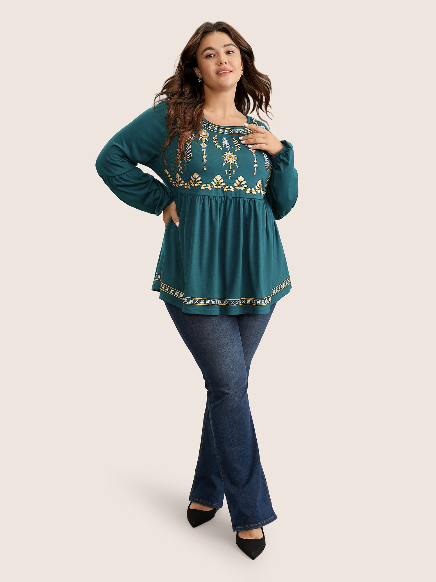 Bandana Embroidered Round Neck Lantern Sleeve T-shirt