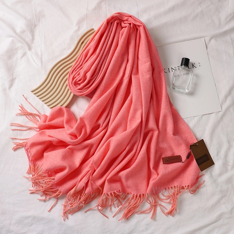 Solid Color Prickly Wool Scarf Women's 300g Ge Run Si Imitation Cashmere Thickened Scarf Japanese Style Plain Scarf For Autumn And Winter