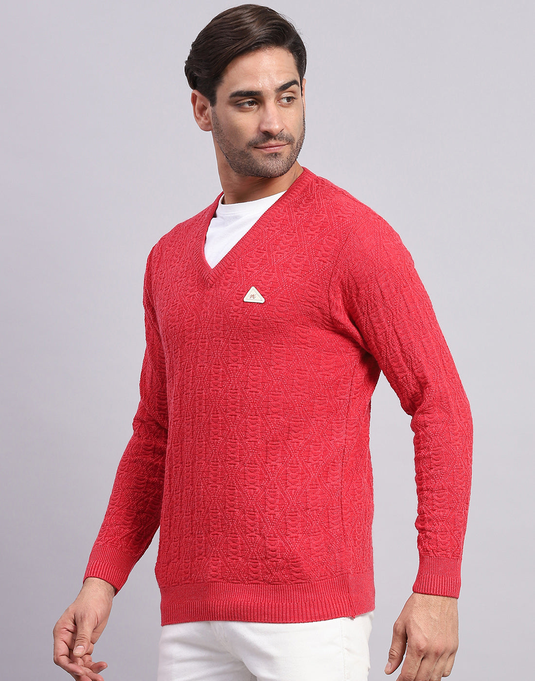 Men Pink Self Design V Neck Full Sleeve Pullover