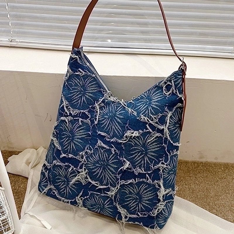 Women's Large Denim Flower Basic Square Zipper Shoulder Bag