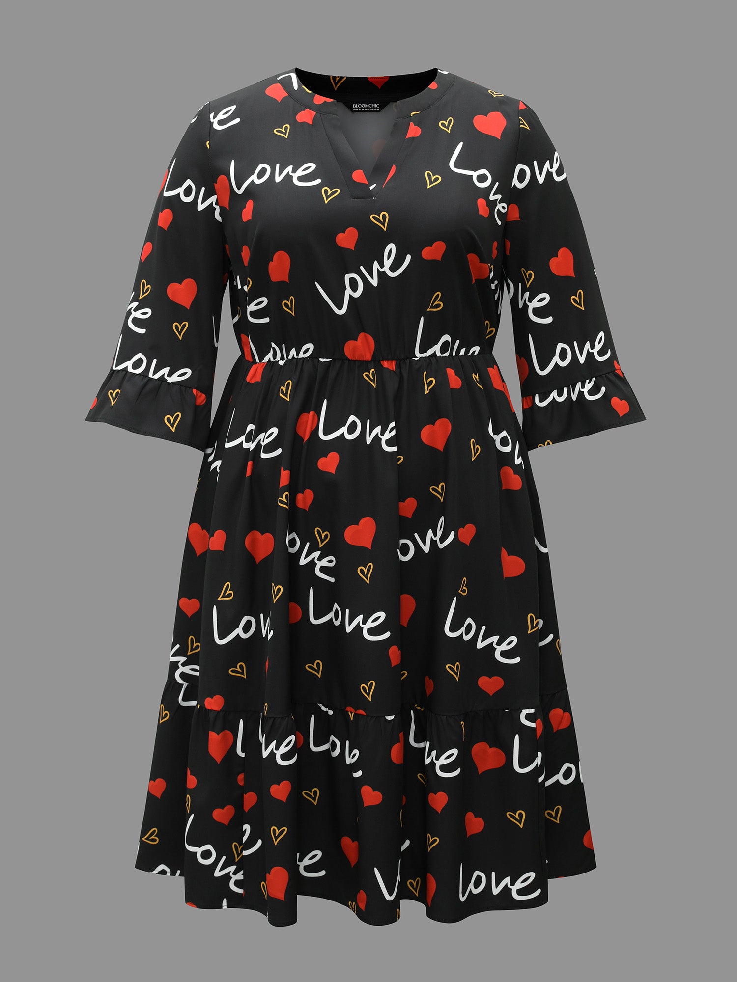 Notched Collar Heart Print Tiered Midi Dress