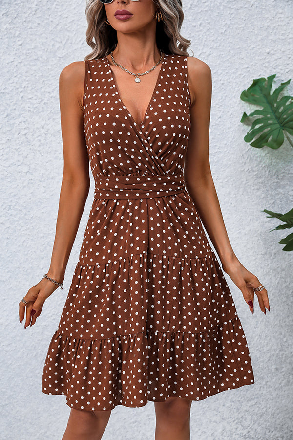 Fashion Dots Print V Neck Tie Waist Dress
