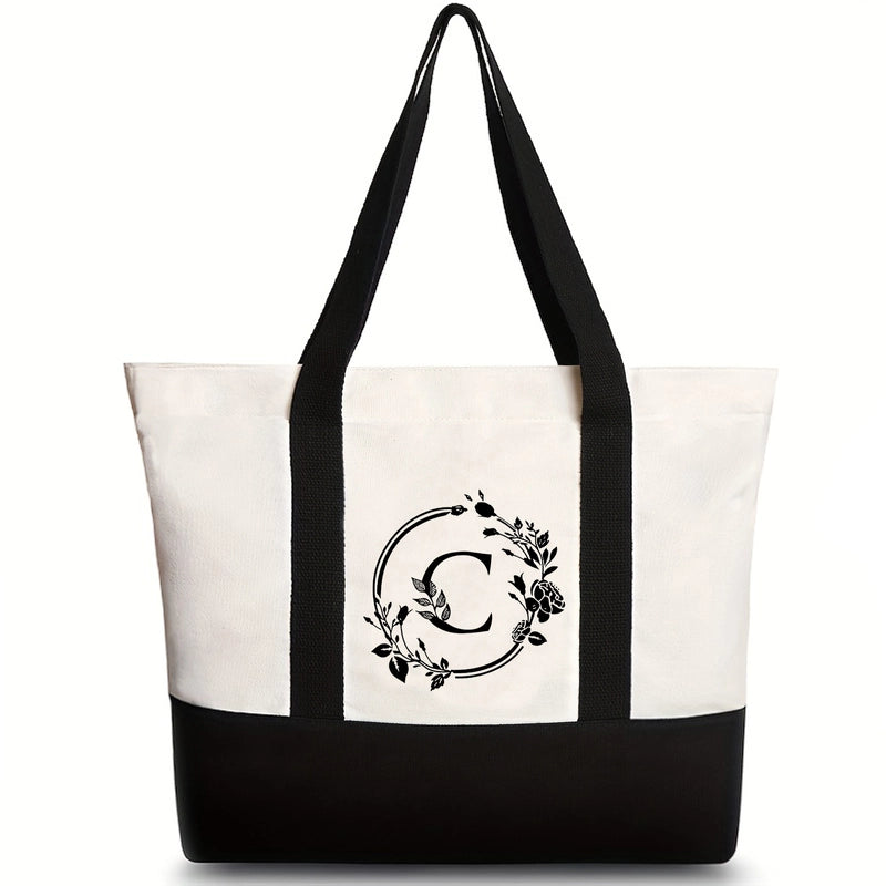 Women's Medium Canvas Letter Flower Classic Style Square Zipper Shoulder Bag