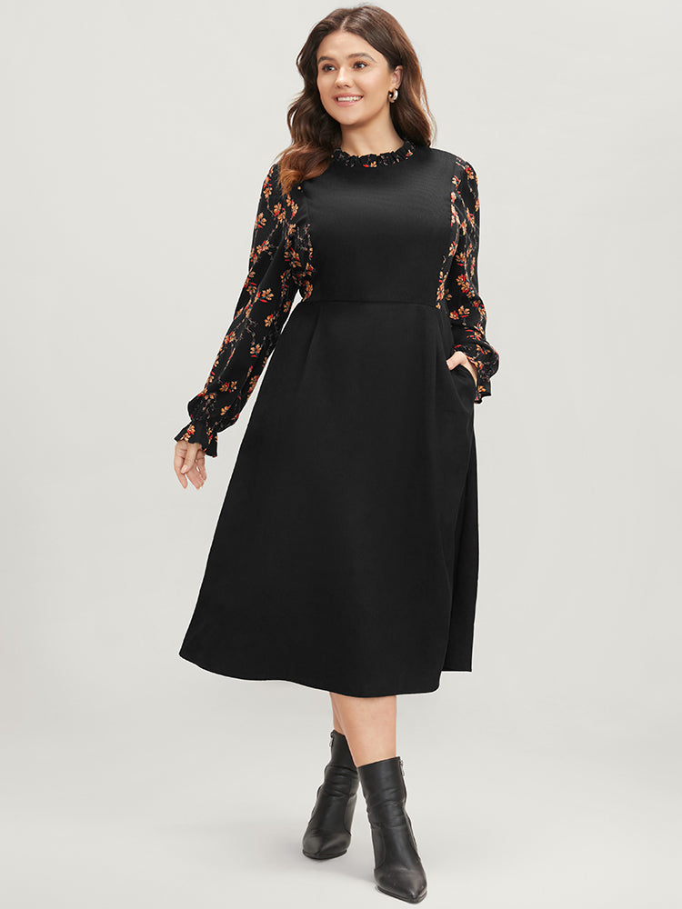 Floral Patchwork Ruffle Trim Pocket Zipper Dress