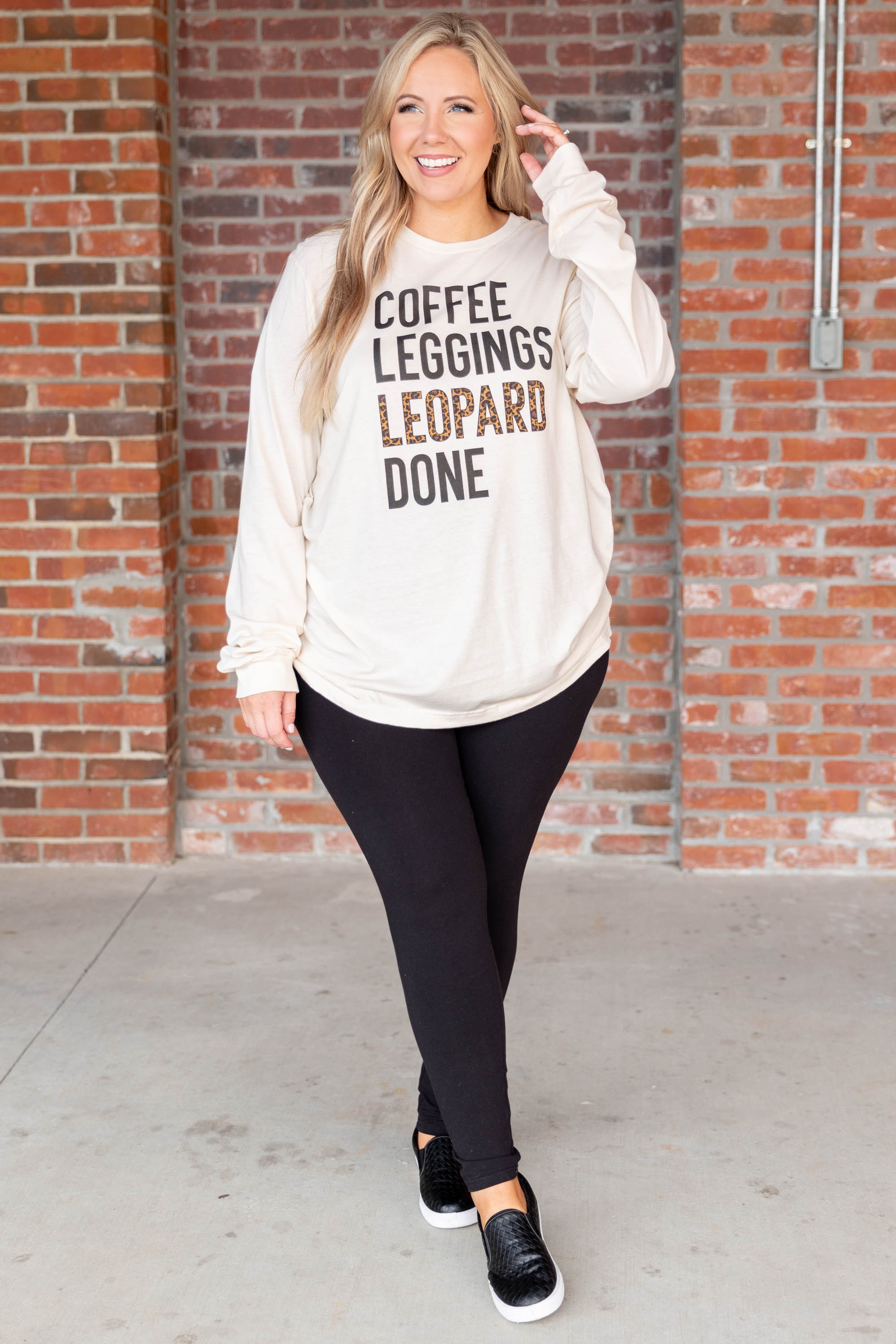 Coffee. Leggings. and Leopard Top. Natural