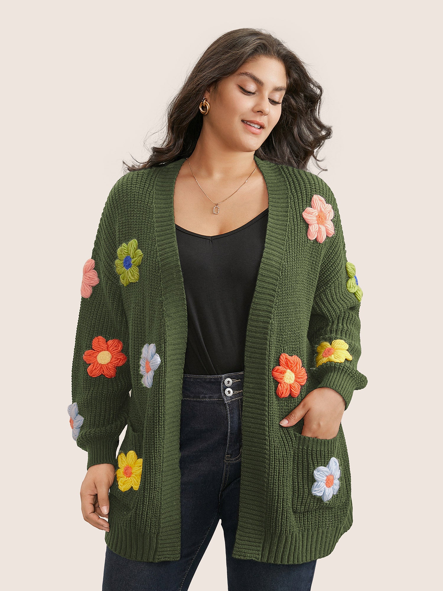 Rainbow Floral Pocket Open Front Cardigan