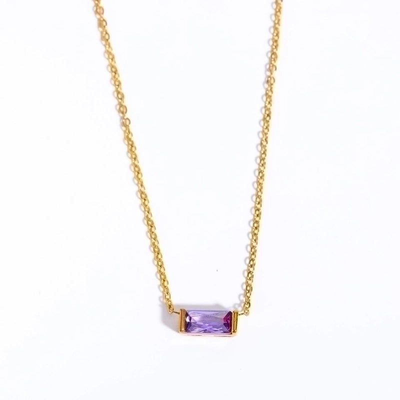 201 Stainless Steel Retro Inlay Rectangle Birthstone Zircon Pendant Necklace