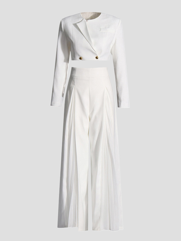Long Sleeves Buttoned Solid Color Split-Joint Round-Neck Blazers Top + Zipper Wide Leg Mesh Pleated Pants Bottom Two Pieces Set