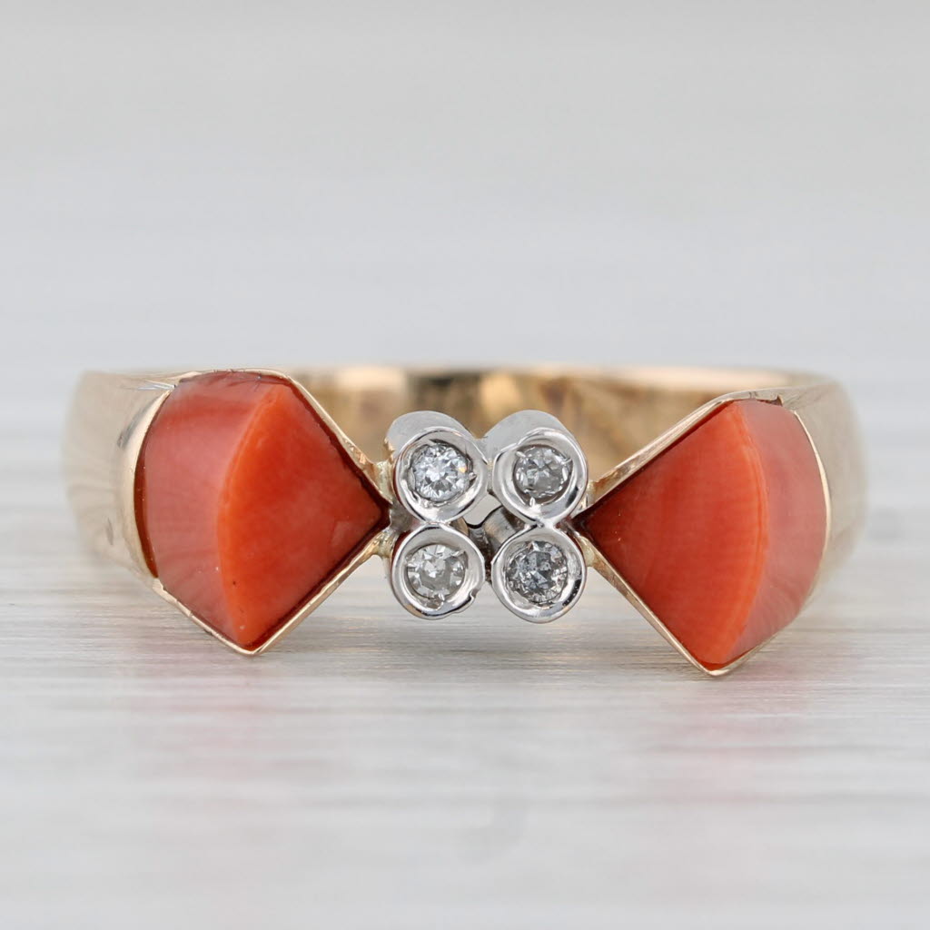 Coral Diamond Ring 14k Yellow Gold Size 8.25 Vintage Abstract