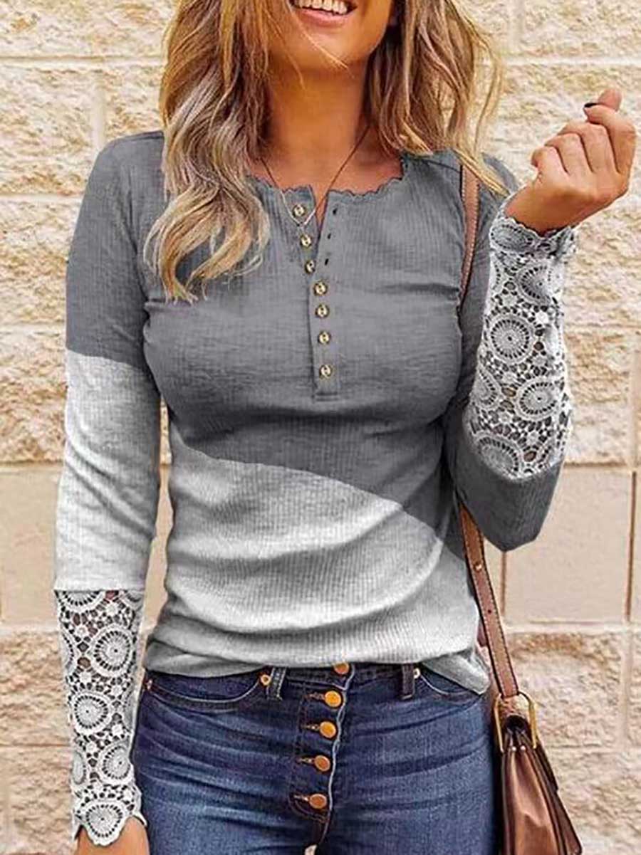 Round Neck Stitching Lace Long Sleeve T-Shirt(14 colors)