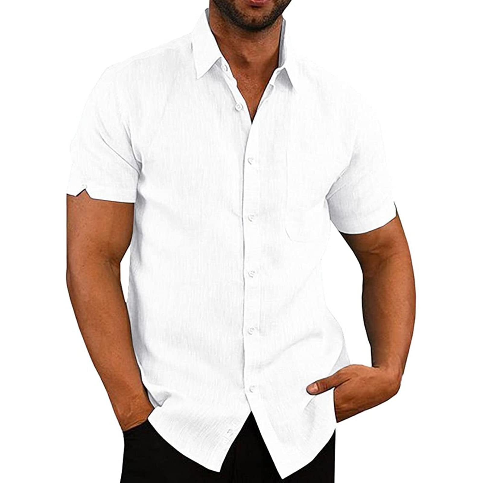 8-pack Mens Linen Shirts Short Sleeved Shirts Button Down Cotton Summer Casual Loose Fit Shirt Tops