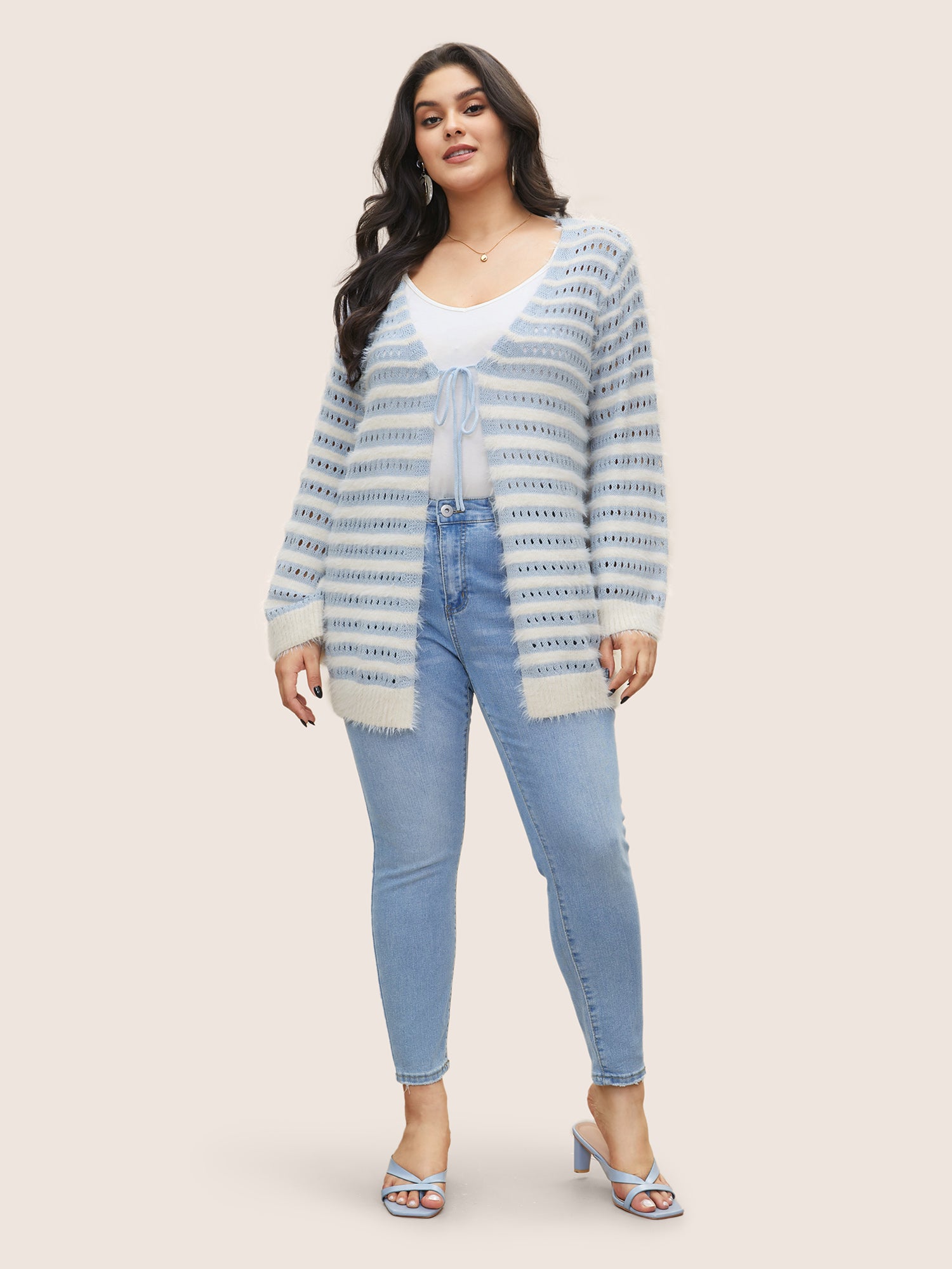 Striped Contrast Ties Front Eyelet Cardigan