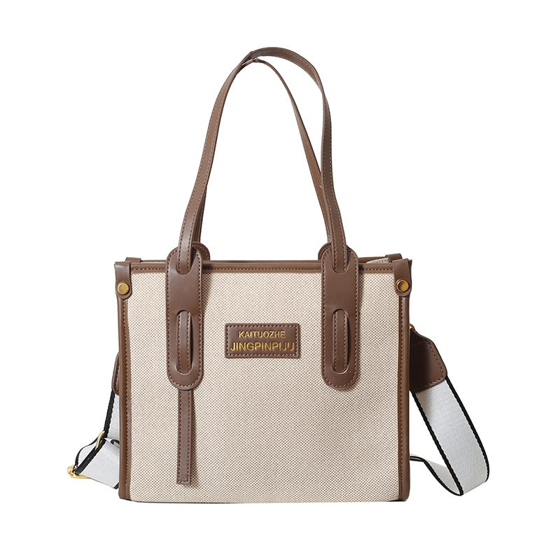Women's Large Canvas Letter Elegant Square Zipper Tote Bag