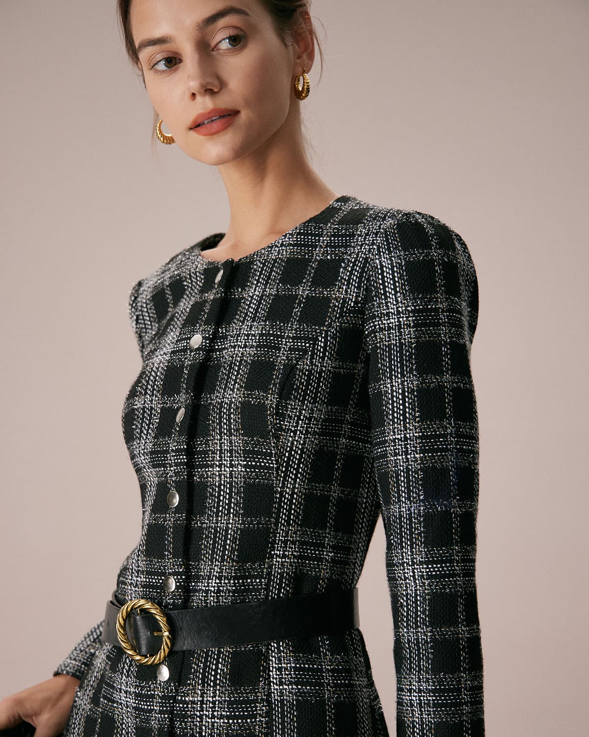 The Black Crew Neck Plaid A-Line Mini Dress