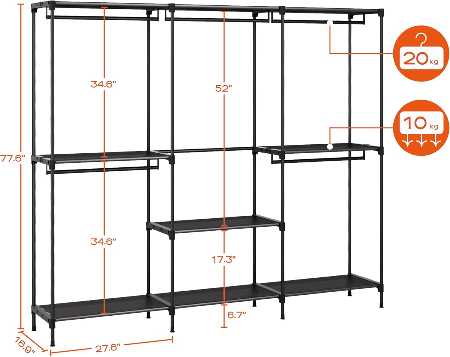 Clothes Rack, Portable Closet, 54.3 Inch Large Capacity Wardrobe Closet, Clothes Storage Organizer with Shelves and 3 Hanging Rods, Easy to Assembly, Black PCT022B01