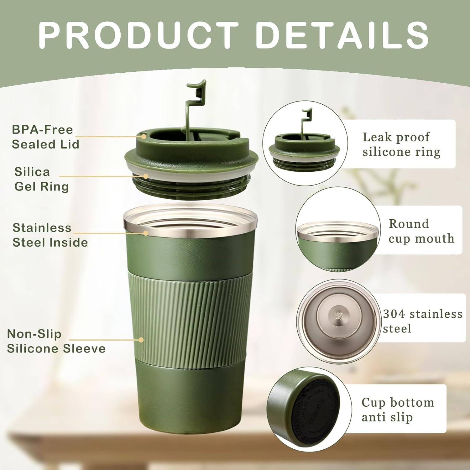 Senshuomy Travel Mug, Insulated Coffee Cup with Leakproof Lid, Reusable Coffee Cups Travel Cup, Stainless Steel thermaol Mug for Hot Cold Drinks (Green 380ml)
