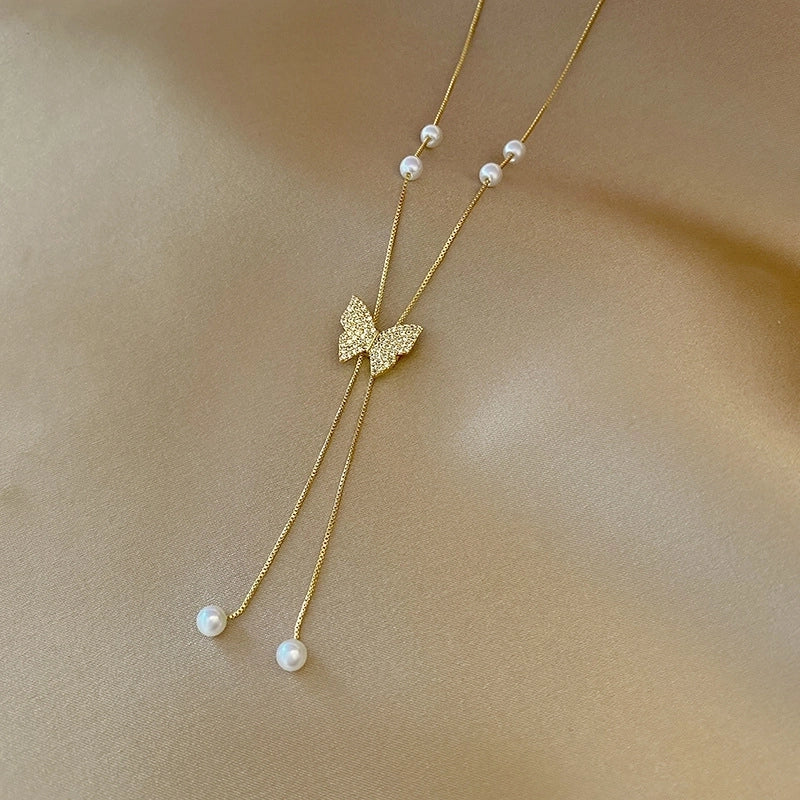Fashion Flower Butterfly Titanium Steel Copper Pearl Plating Inlay Rhinestones Pendant Necklace 1 Piece