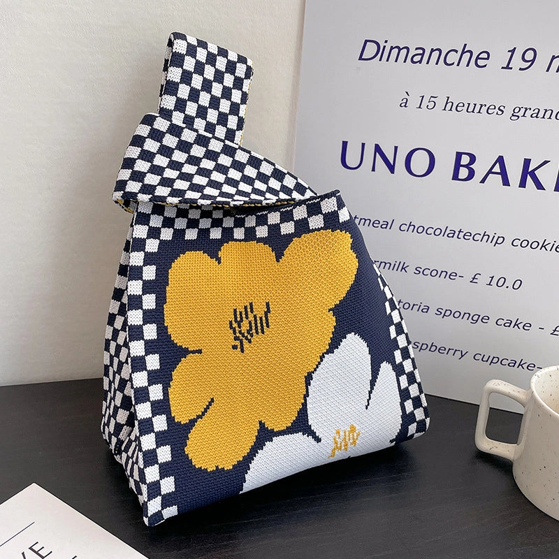 Women's Medium Knit Plaid Flower Vintage Style Square Open Handbag